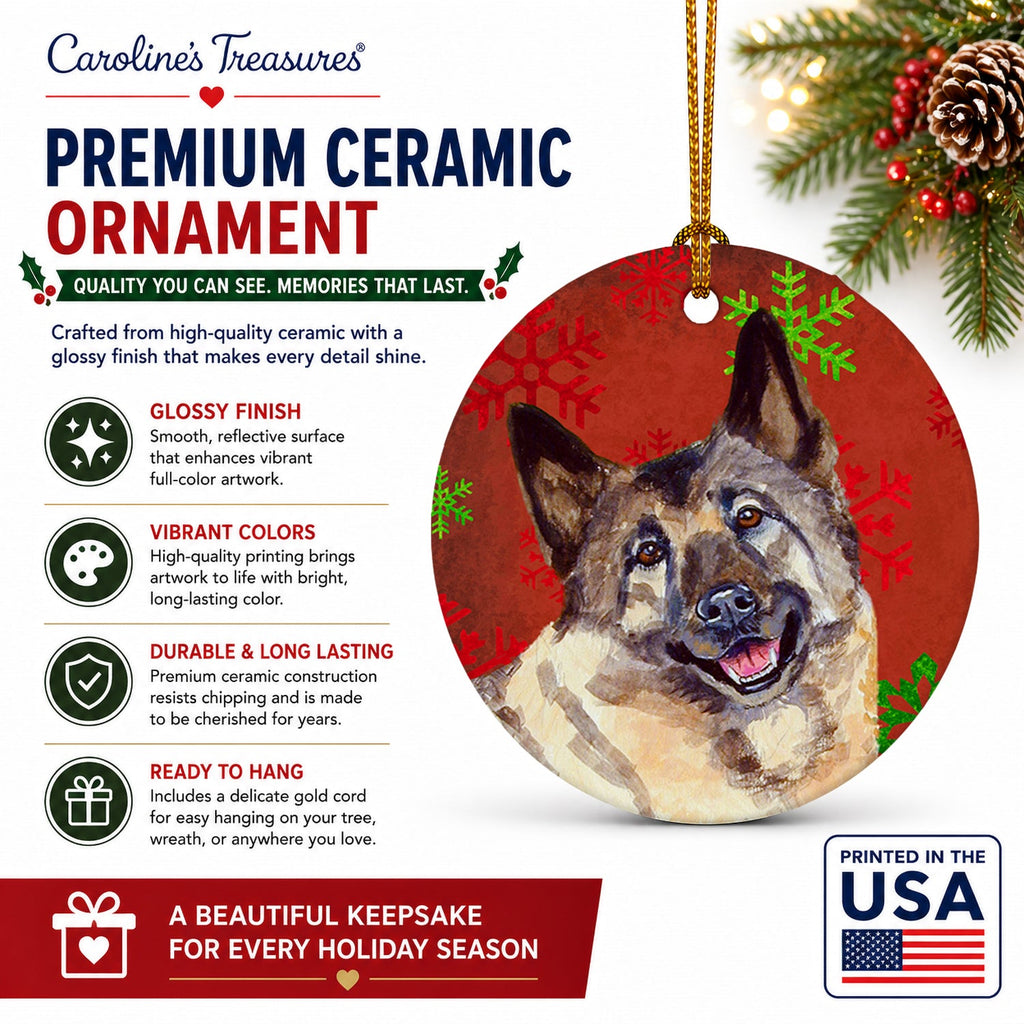 Norwegian Elkhound Red and Green Snowflakes Holiday Christmas Ceramic Ornament Christmas Tree Hanging Decorations for Home Christmas Holiday, Party, Gift, 3 in, Multicolor