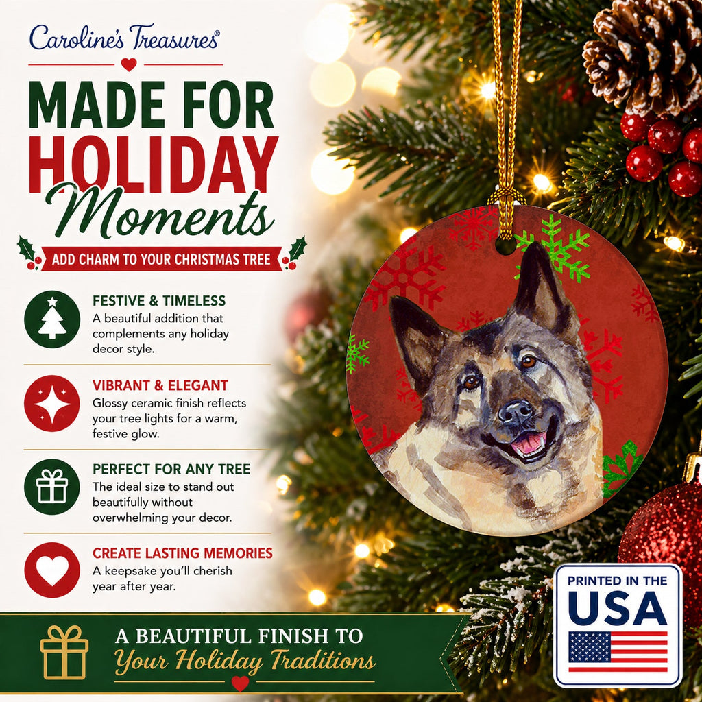 Norwegian Elkhound Red and Green Snowflakes Holiday Christmas Ceramic Ornament Christmas Tree Hanging Decorations for Home Christmas Holiday, Party, Gift, 3 in, Multicolor