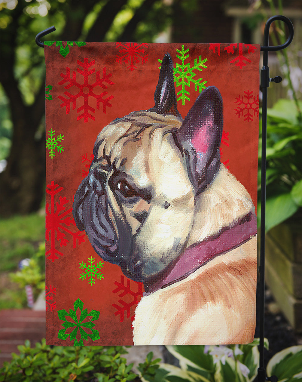 French Bulldog Frenchie Red Snowflakes Holiday Christmas Garden Flag Mailbox Decorative Yard Banner Outside Patio Artwork for Flower Beds, Garden Size, Multicolor