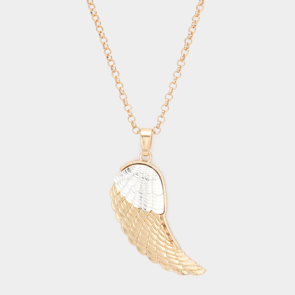 Two Tone Metal Wing Pendant Long Necklace