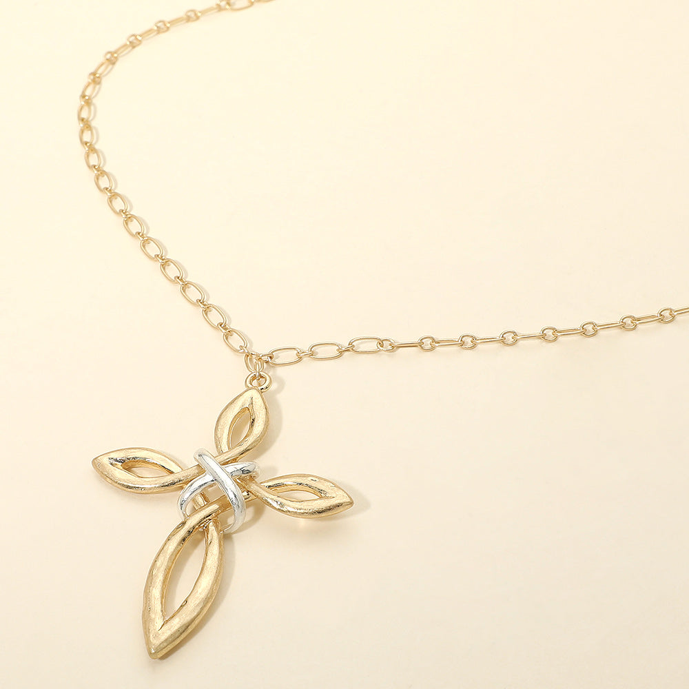 Two Tone Interwoven Cross Pendant Long Necklace