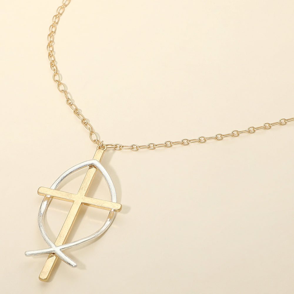 Two Tone Metal Cross Fish Symbol Pendant Long Necklace