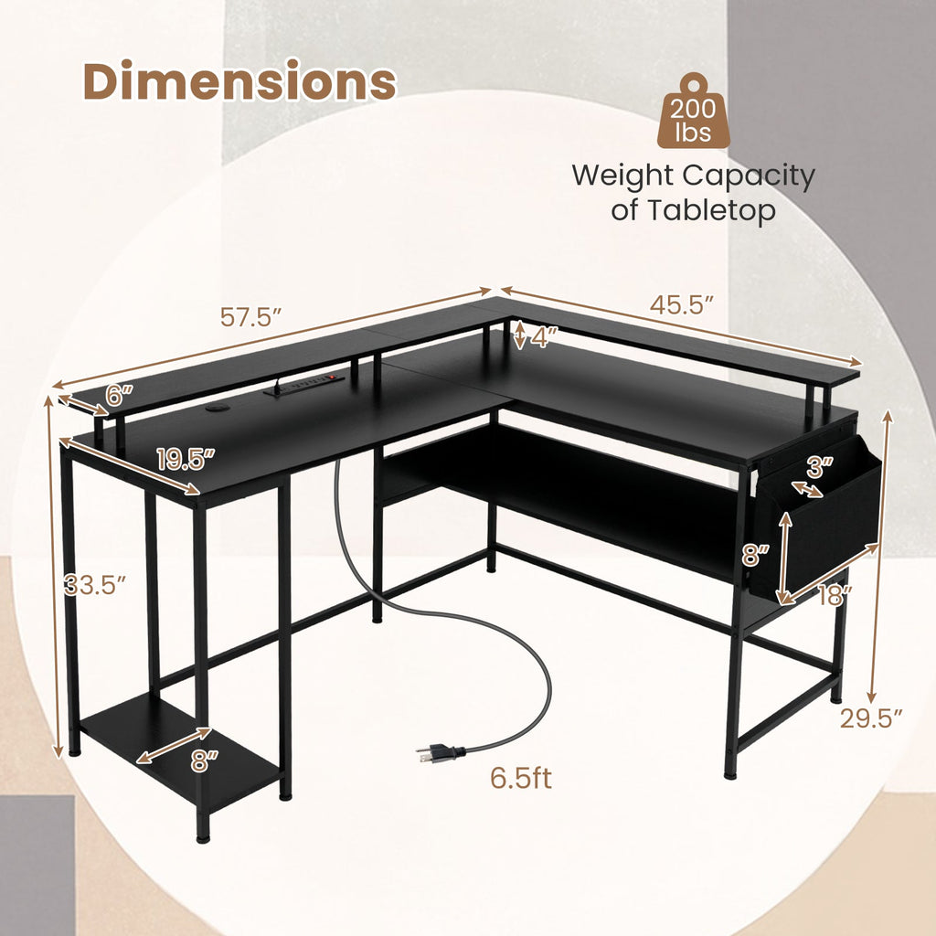 L-Shaped Gaming Desk with LED Lights and Power Outlets Home Office Computer Desk