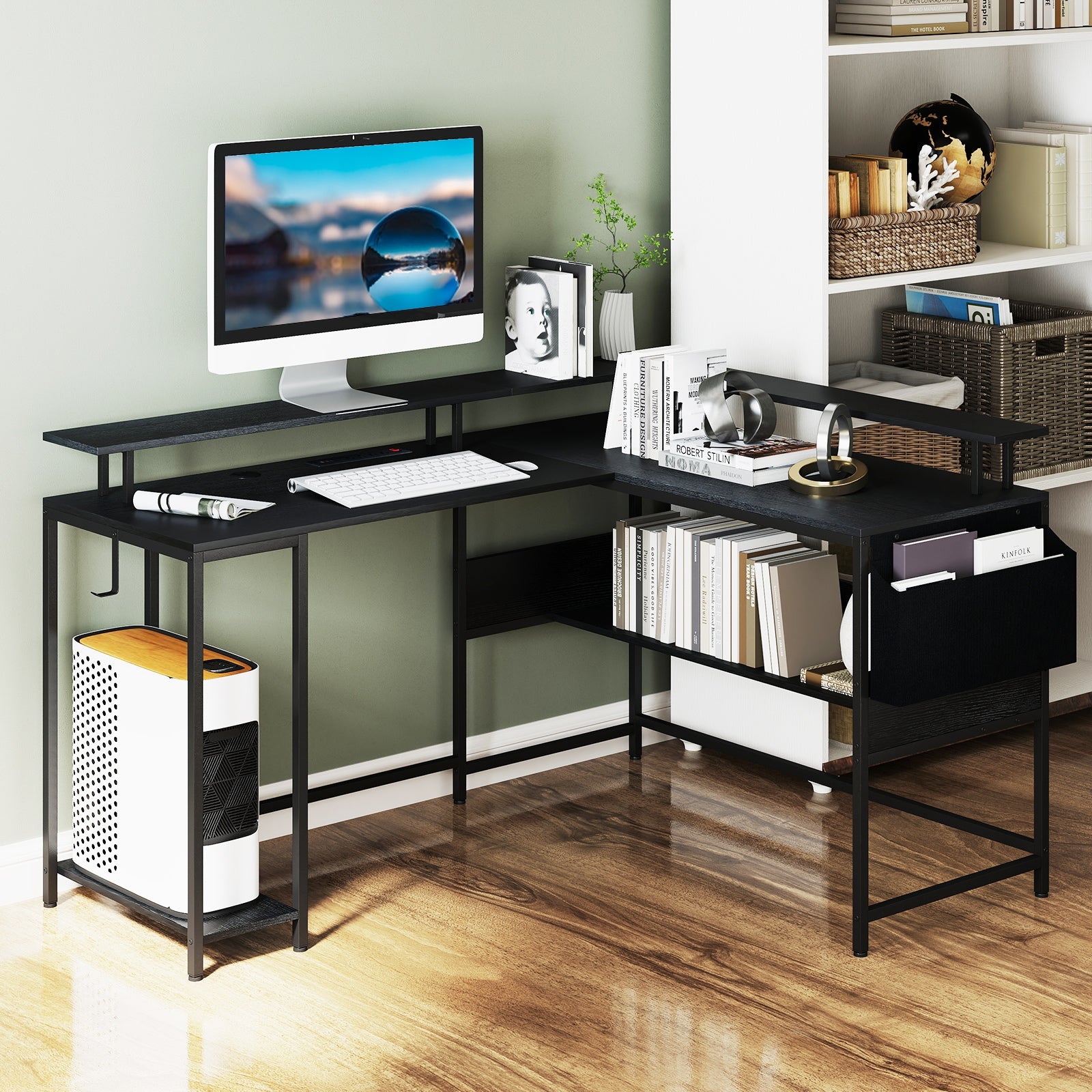 L-Shaped Gaming Desk with LED Lights and Power Outlets Home Office Computer Desk