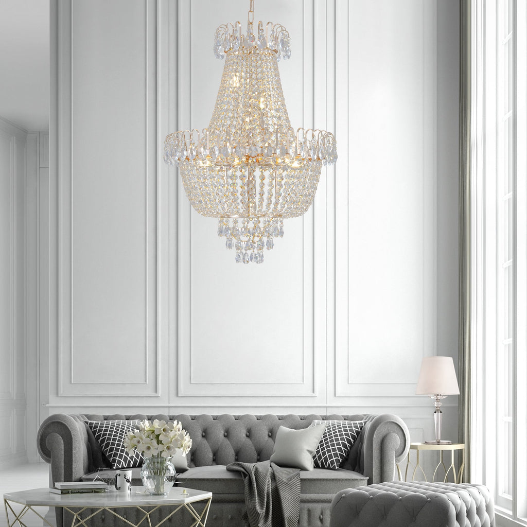21.7" Large K9 Crystal Chandelier | 10-Light Gold Luxury Pendant with Adjustable Height 40"–71" — Living Room, Foyer & Staircase
