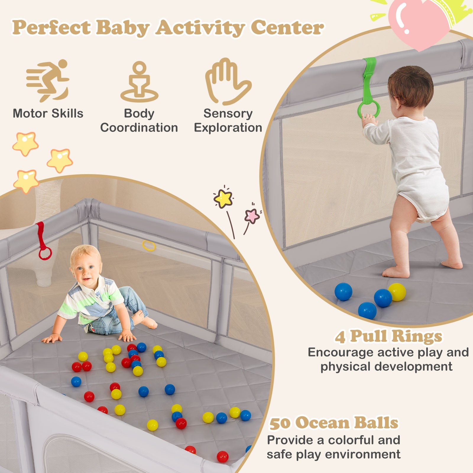 Large Baby Playpen with Pull Rings and Ocean Balls-Gray