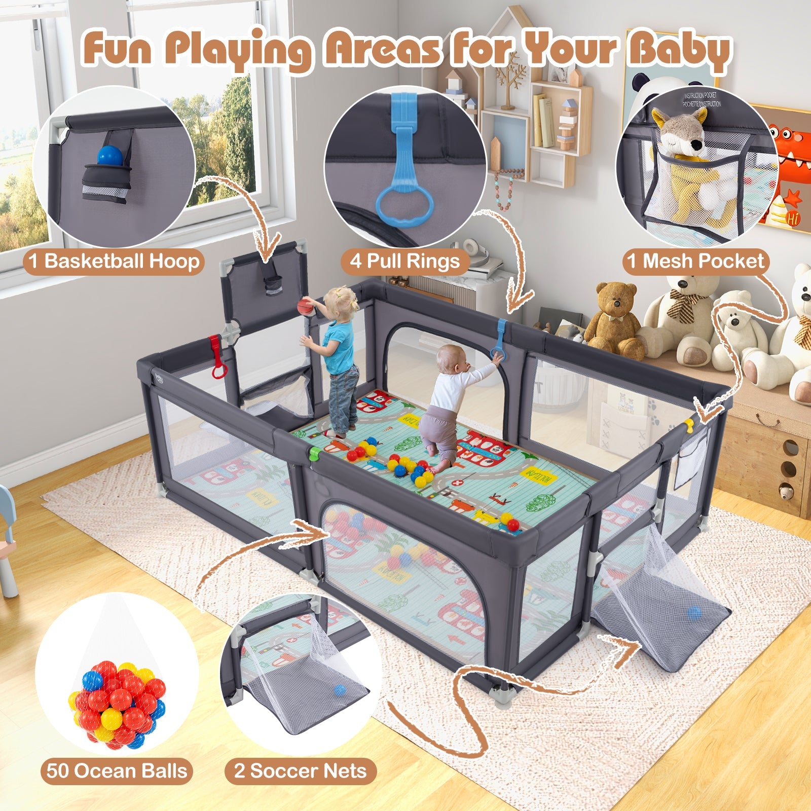 Large Baby Playpen with Mat and Ocean Balls-Dark gray