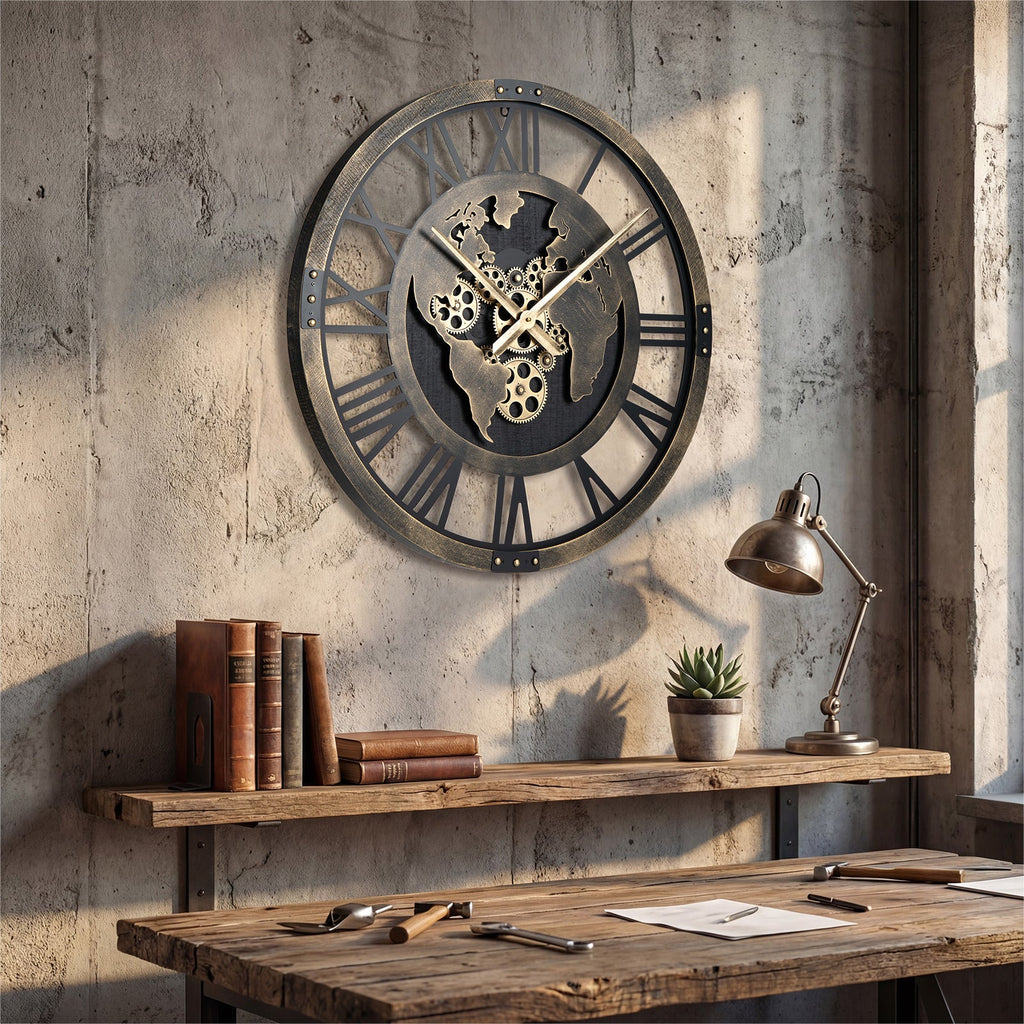 Large Wall Clock 27" Gear Clock with World Map-Brown