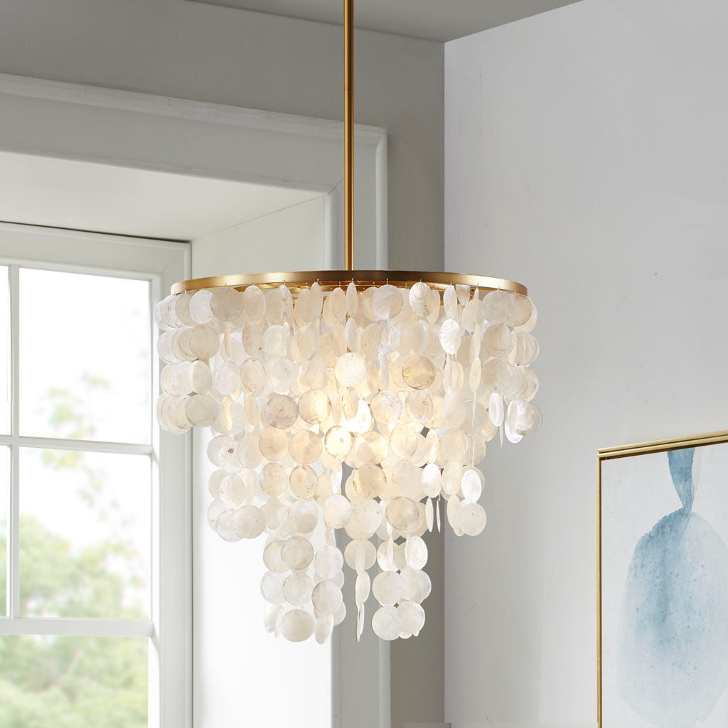 Layered Capiz Shell Chandelier | Coastal Pendant Light with Gold Base — 21" Wide, Dimmable, Dining Room, Living Room & Foyer