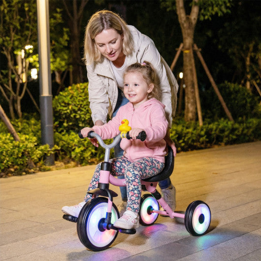 Glowing Wheels Toddler Tricycle  Foldable Kids Trike with Basket and Duck Bell