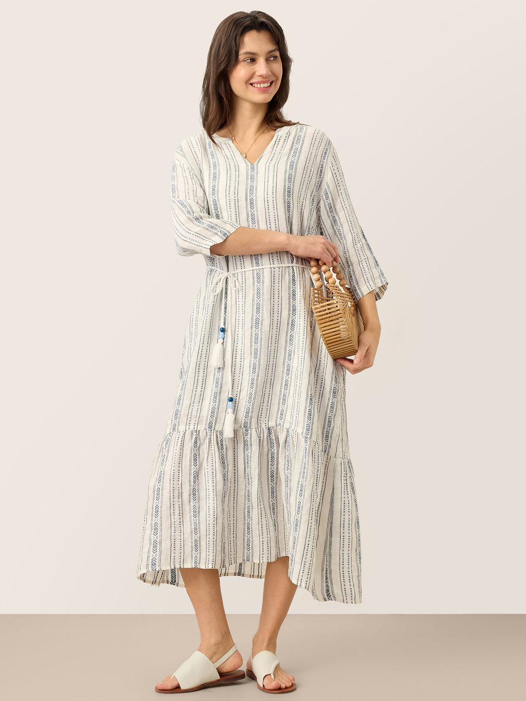 Linen Tribal Stripe Split Neck Bohemian Ruffle Maxi Dress with Woven Belt and Slip MARLOWE