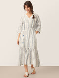 Linen Tribal Stripe Split Neck Bohemian Ruffle Maxi Dress with Woven Belt and Slip MARLOWE