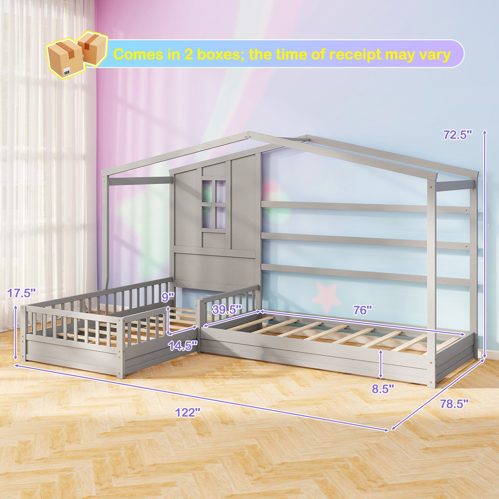 L-shaped Double Twin Beds House Platform Beds with Fences Corner Bed Frame-Gray