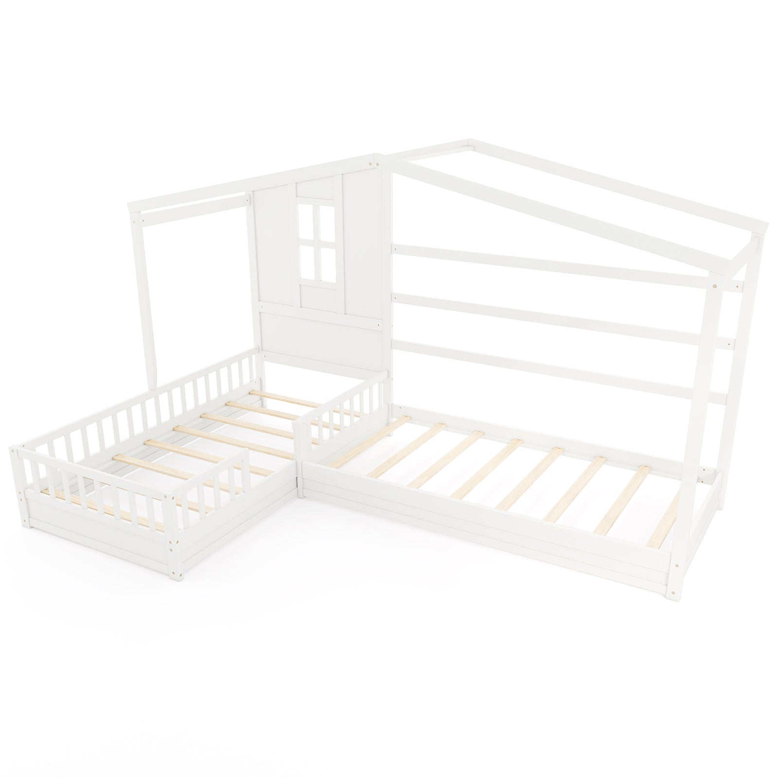 L-shaped Double Twin Beds House Platform Beds with Fences Corner Bed Frame-White