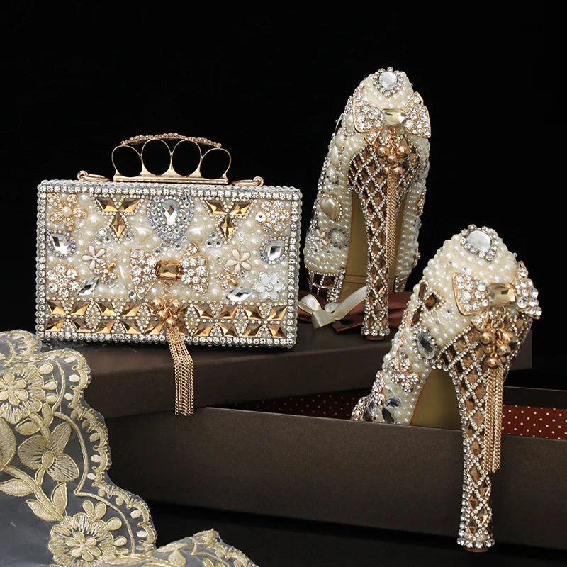Luxury Beige Pearl Wedding Shoes with matching Bag.