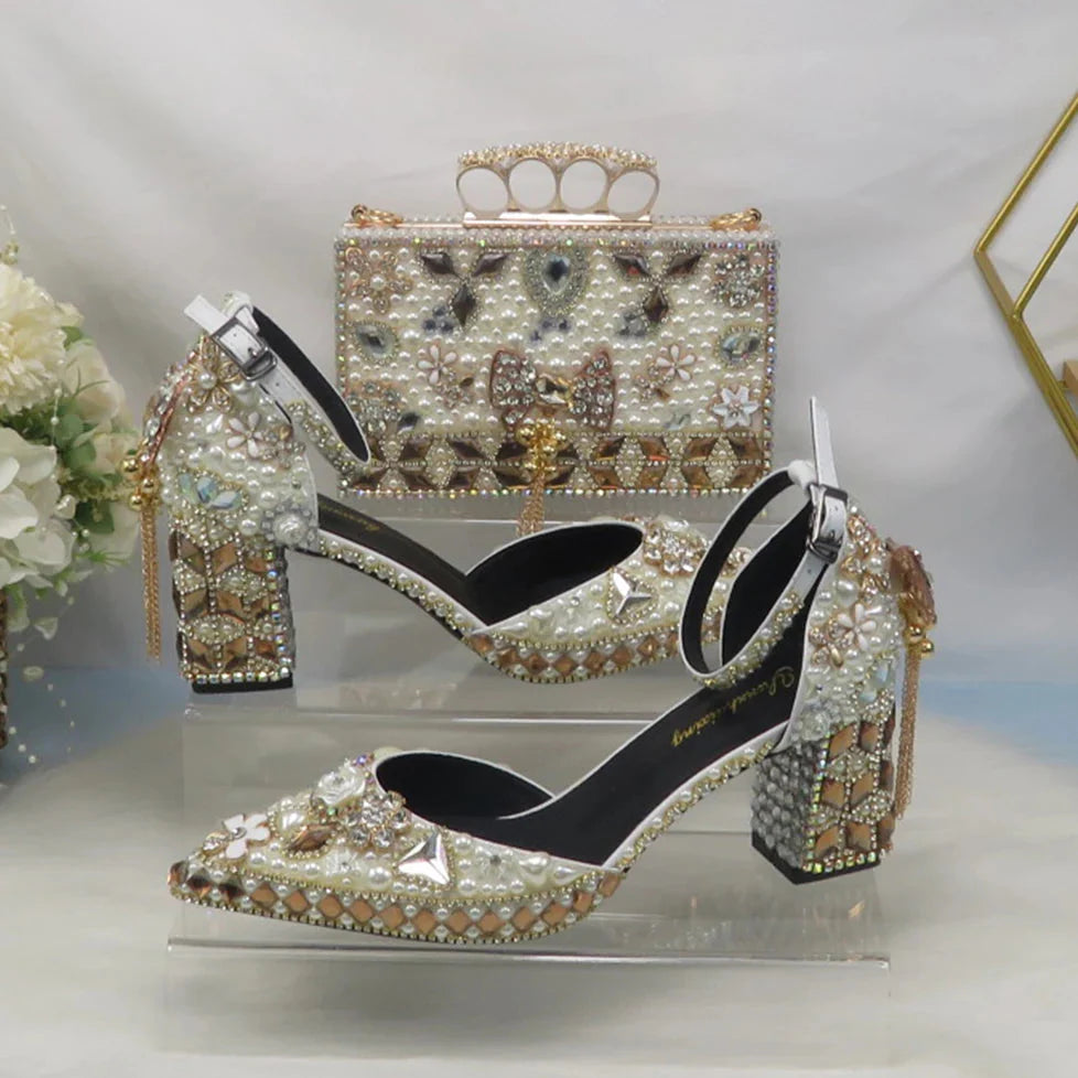 Luxury Beige Pearl Wedding Shoes with matching Bag.