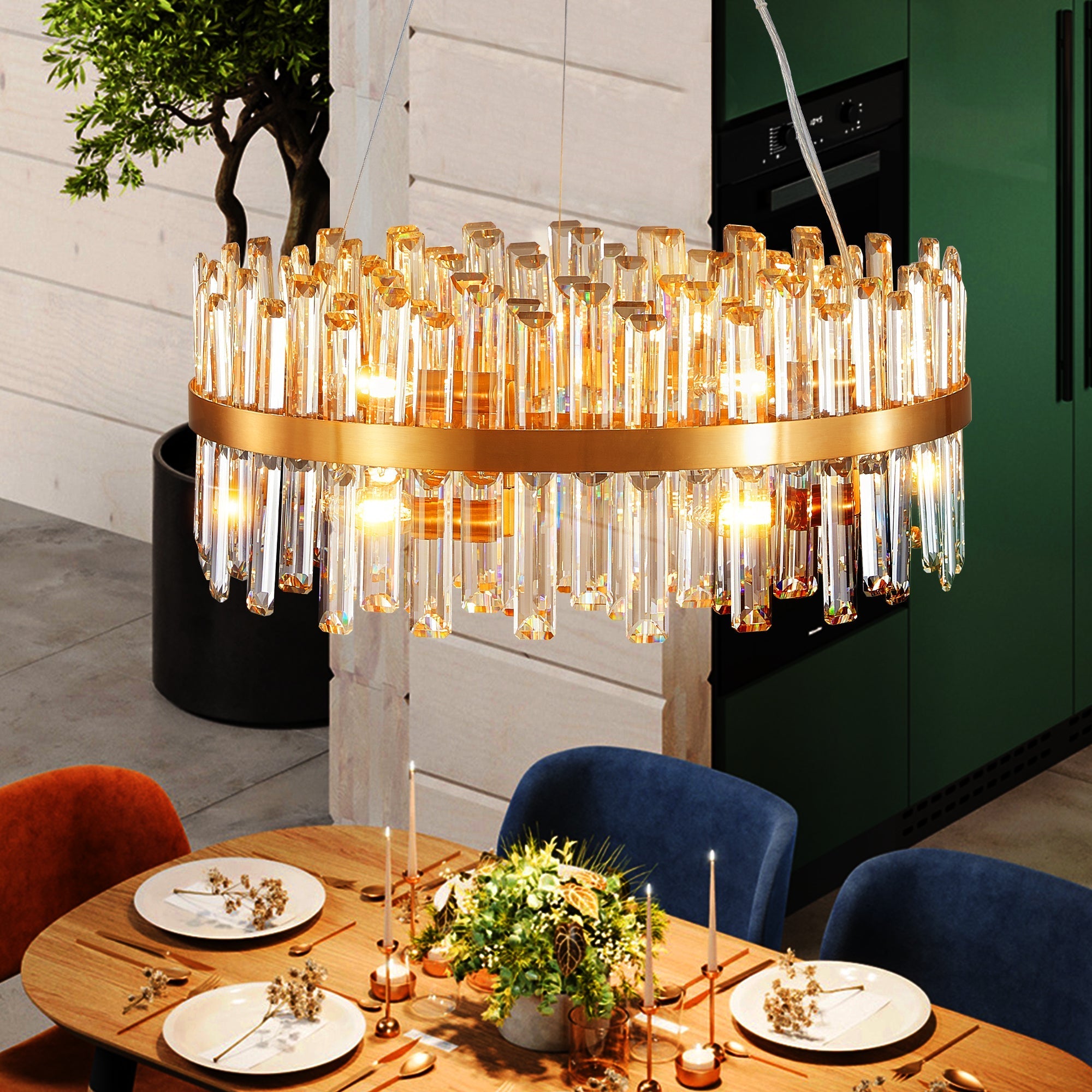 23.6" Modern K9 Crystal Chandelier | Built-In LED, 3 Color Temperatures, App & Remote Control — Gold, Dining Room & Living Room