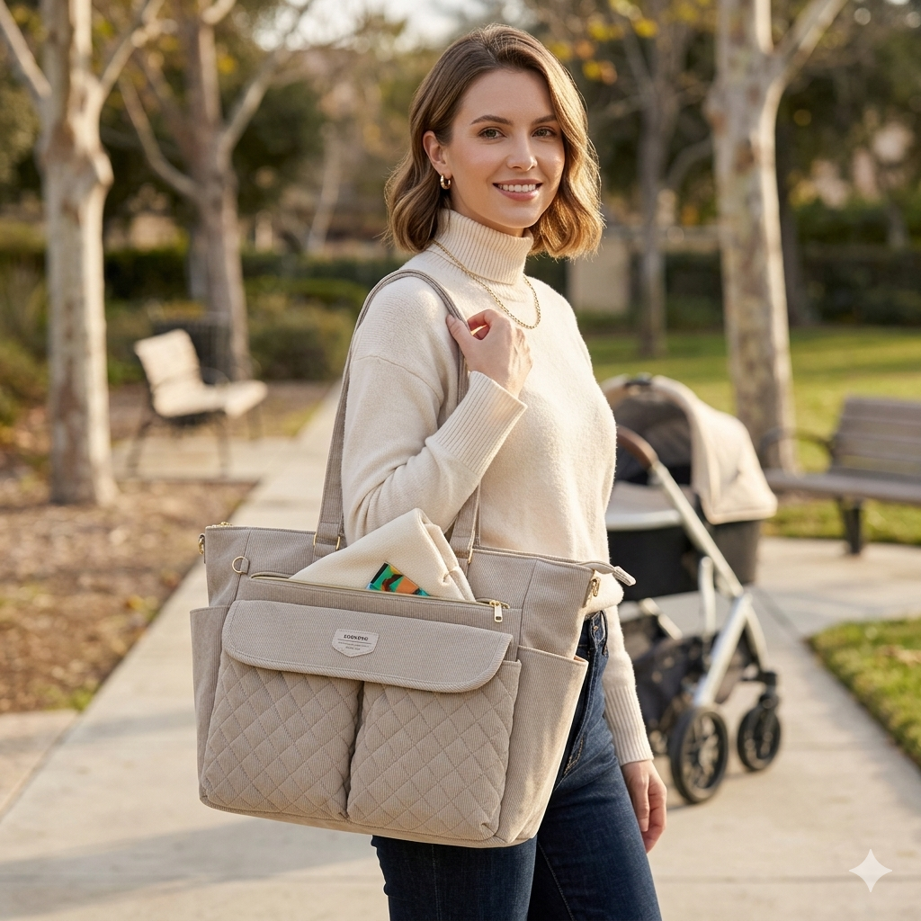 SUNVENO Corduroy Quilted Diaper Bag Tote
