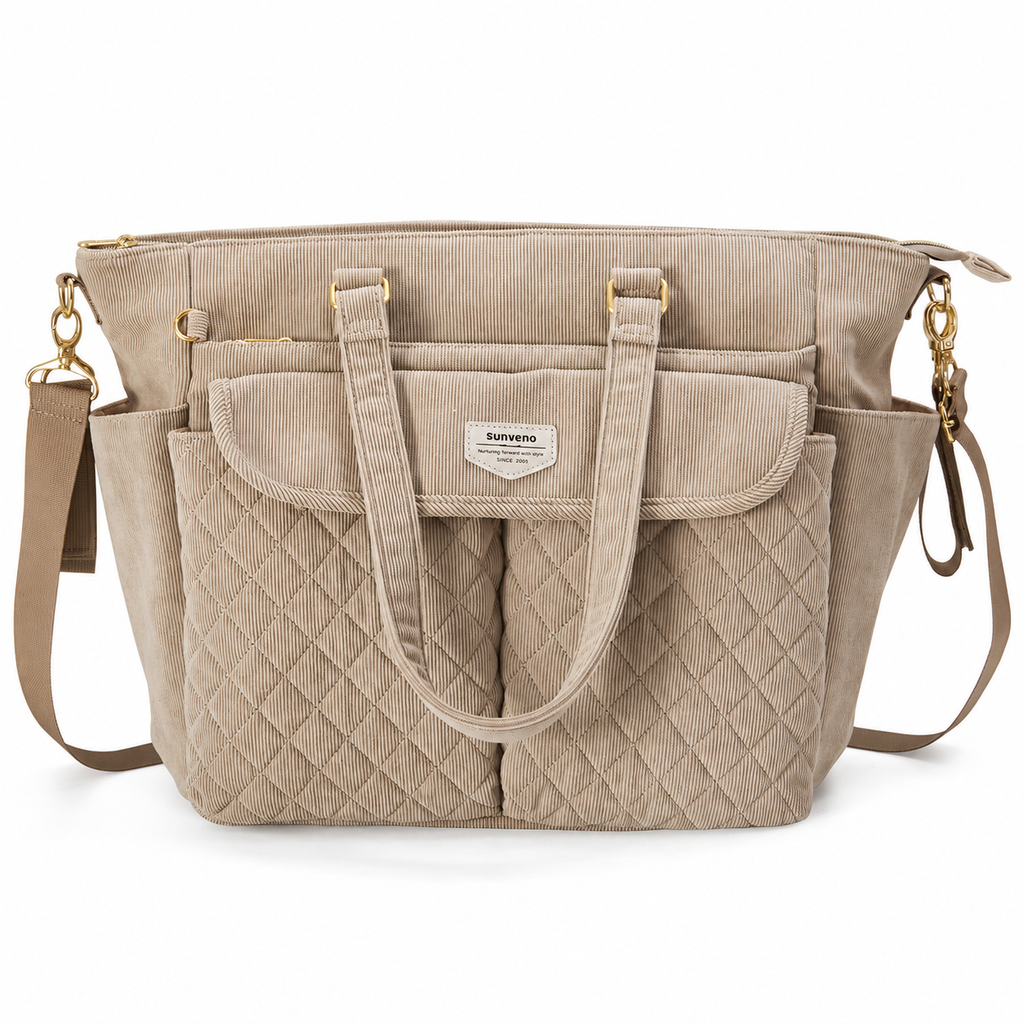 SUNVENO Corduroy Quilted Diaper Bag Tote
