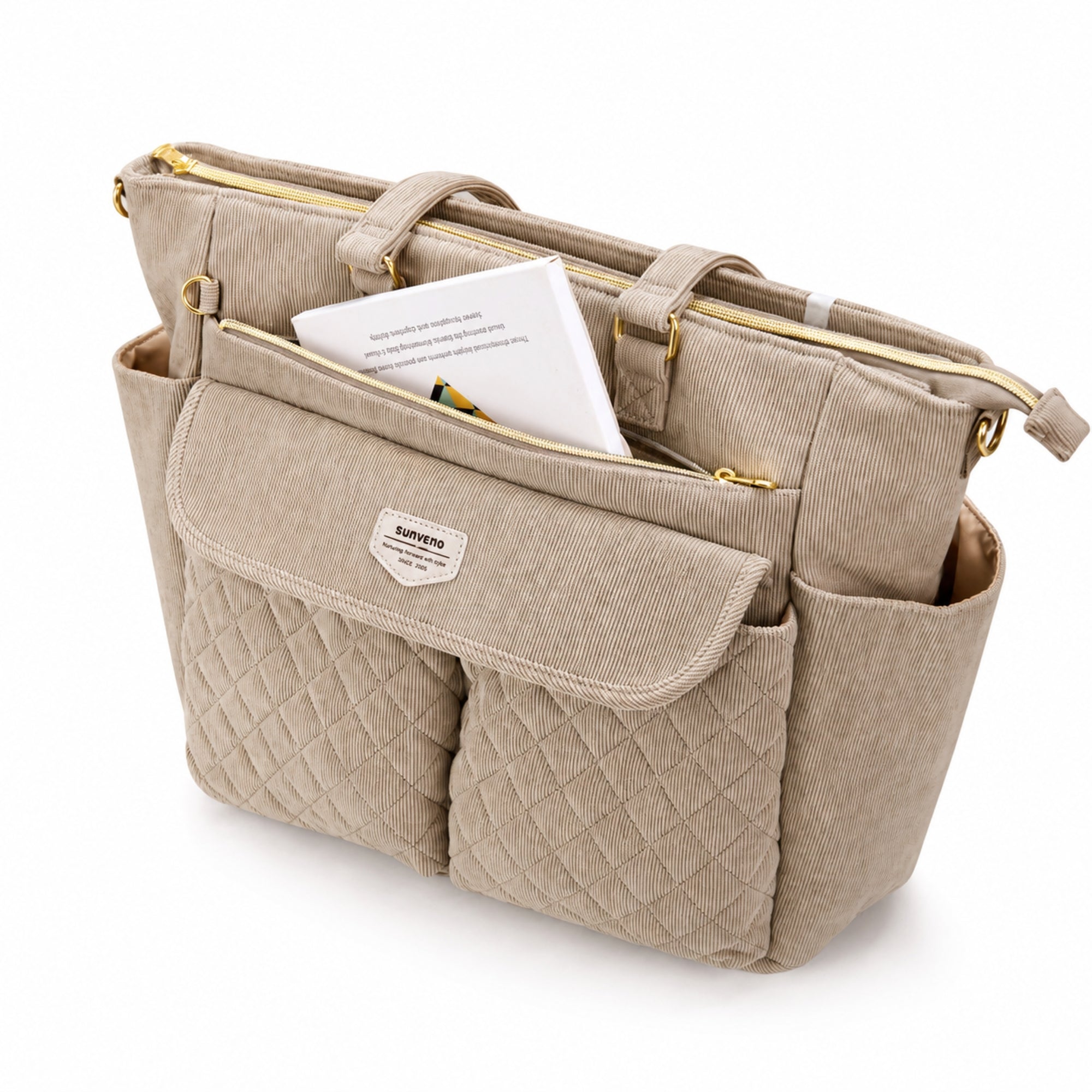 SUNVENO Corduroy Quilted Diaper Bag Tote