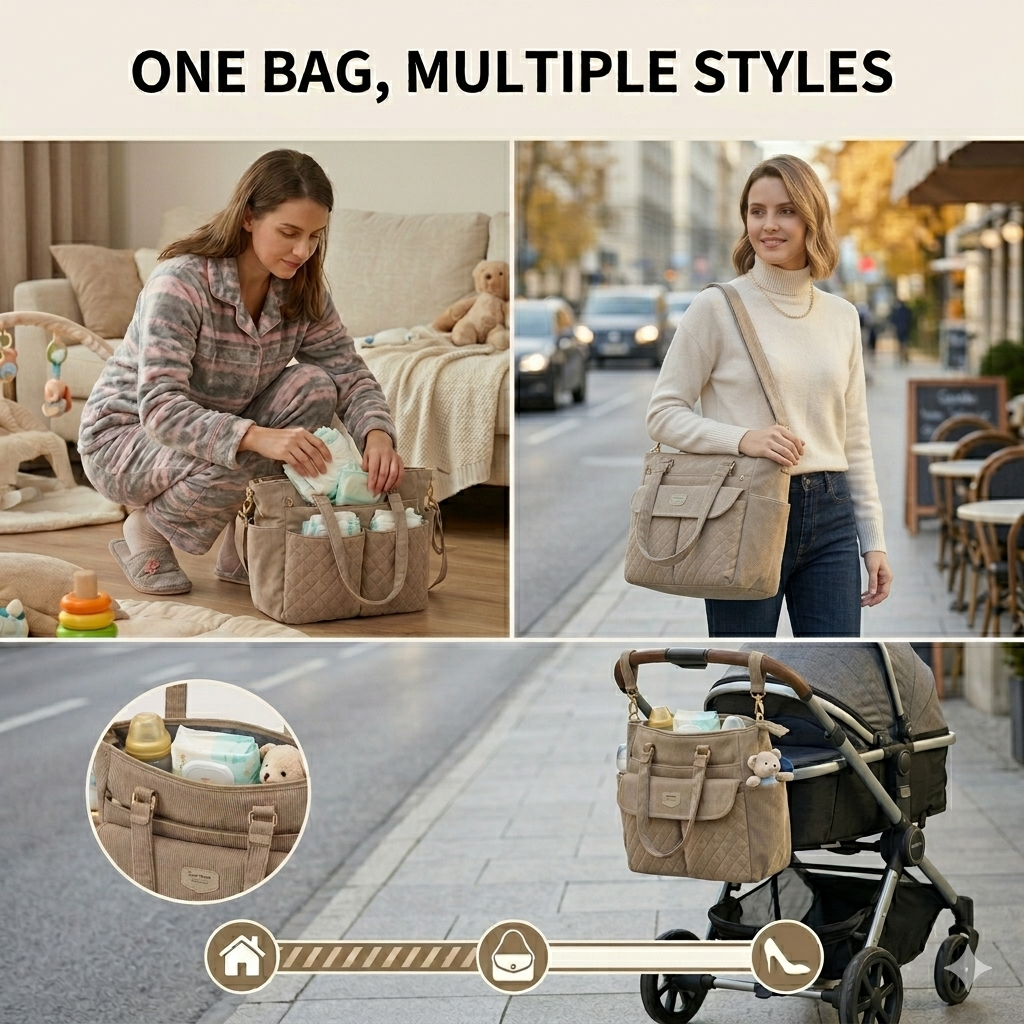 SUNVENO Corduroy Quilted Diaper Bag Tote