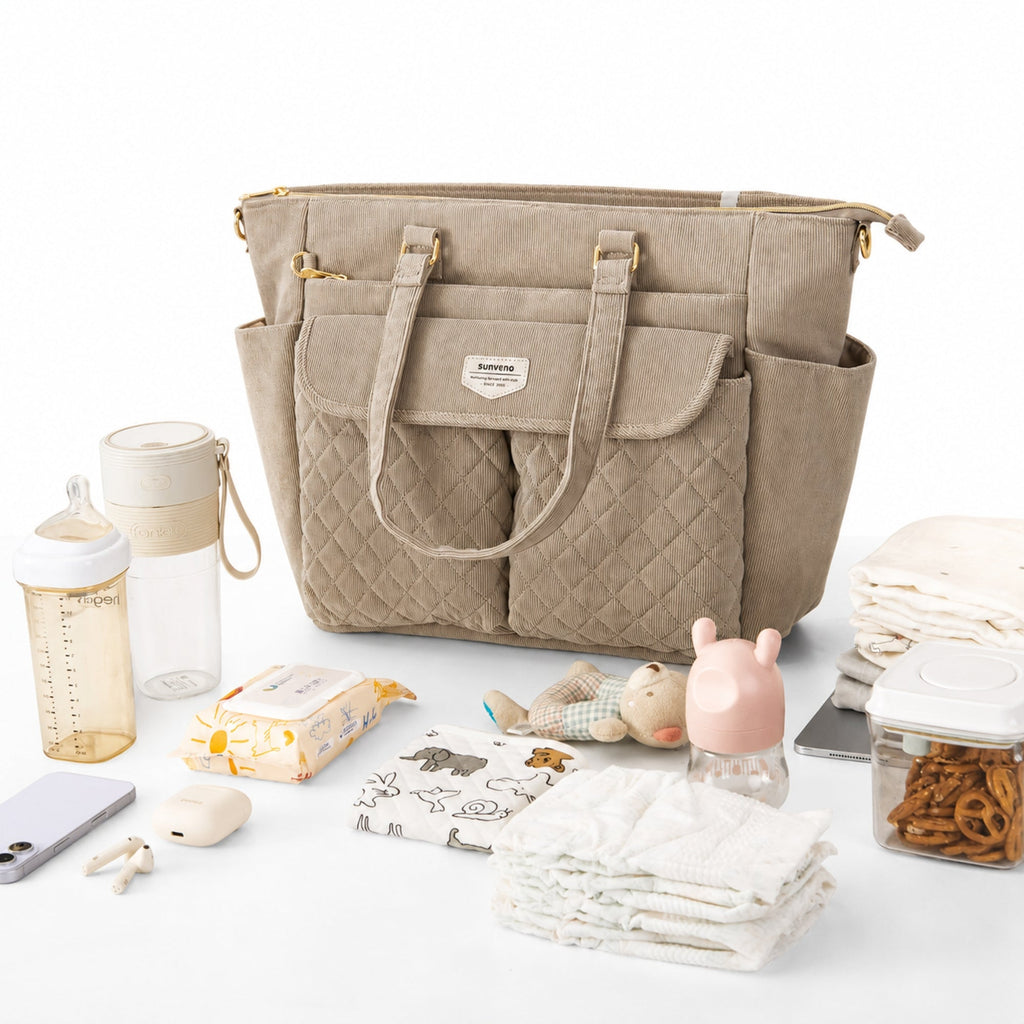 SUNVENO Corduroy Quilted Diaper Bag Tote