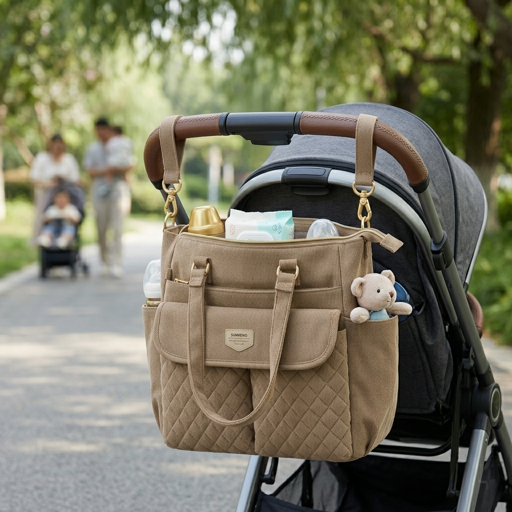SUNVENO Corduroy Quilted Diaper Bag Tote