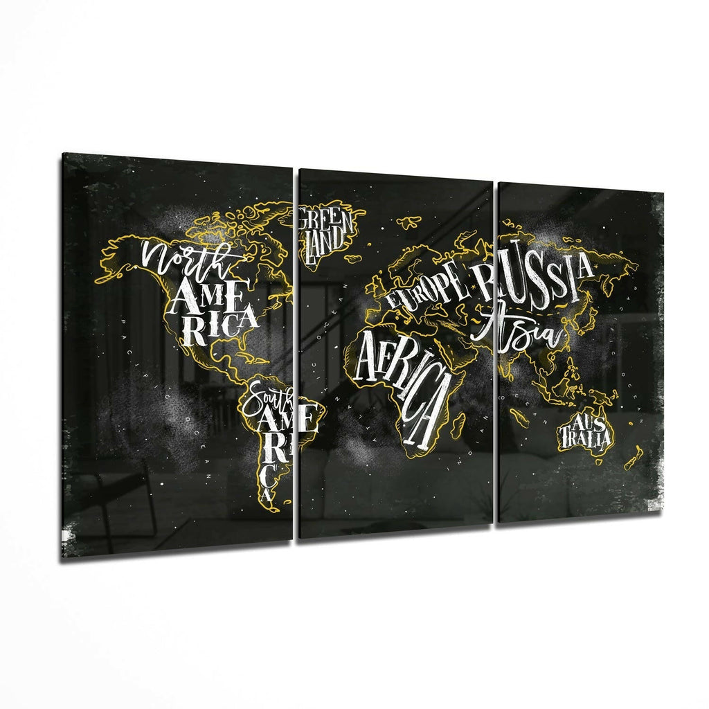 Typographic Continent Names World Map Glass Wall Art