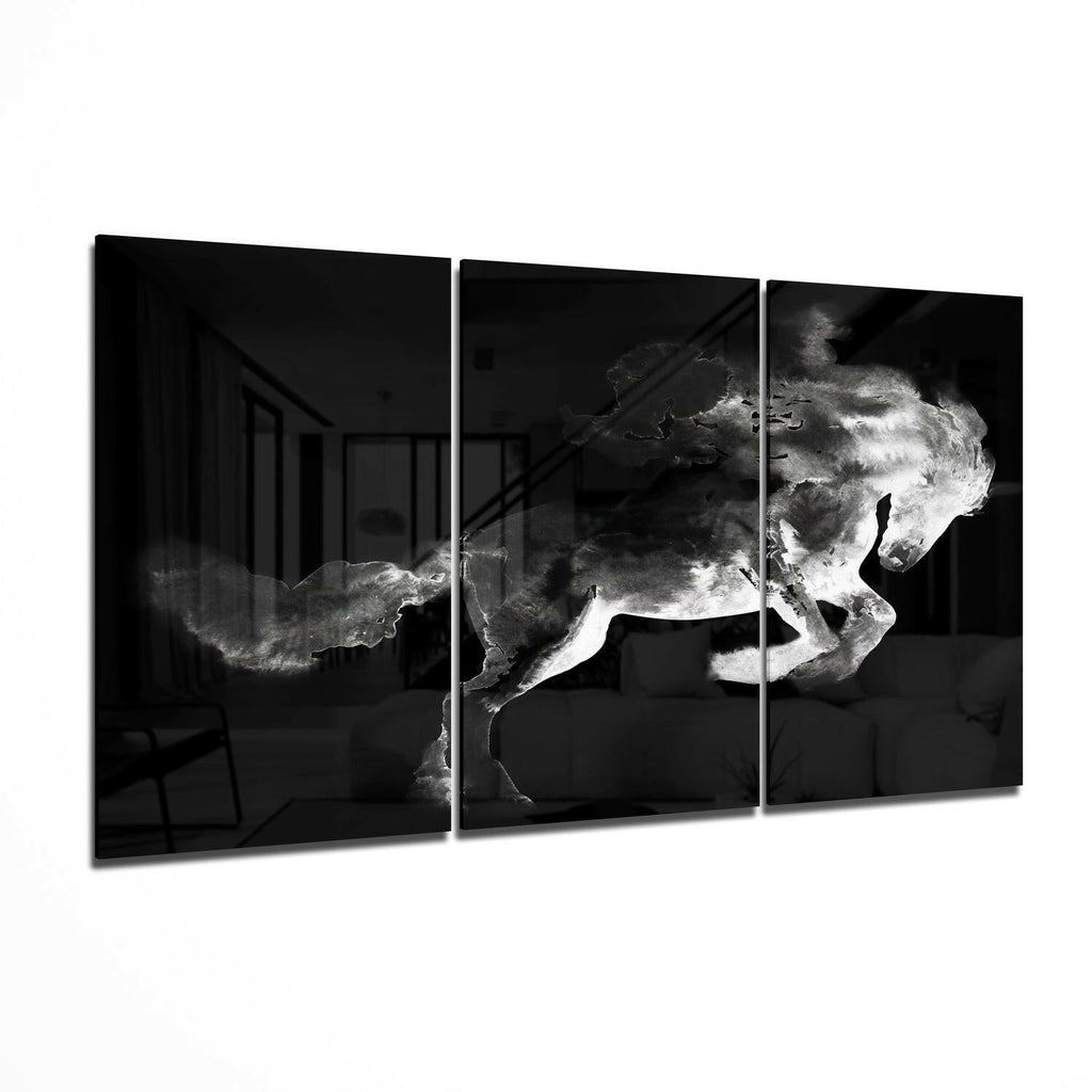 Black Smoke Horse Triptych Glass Wall Art
