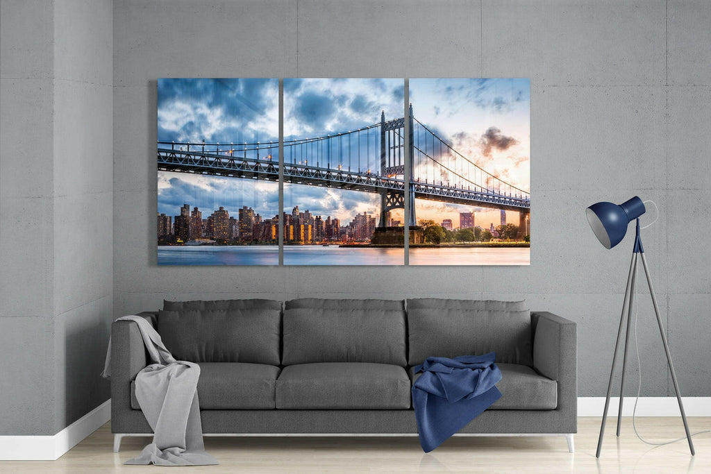 Twilight Bridge Over River Glass Wall Art