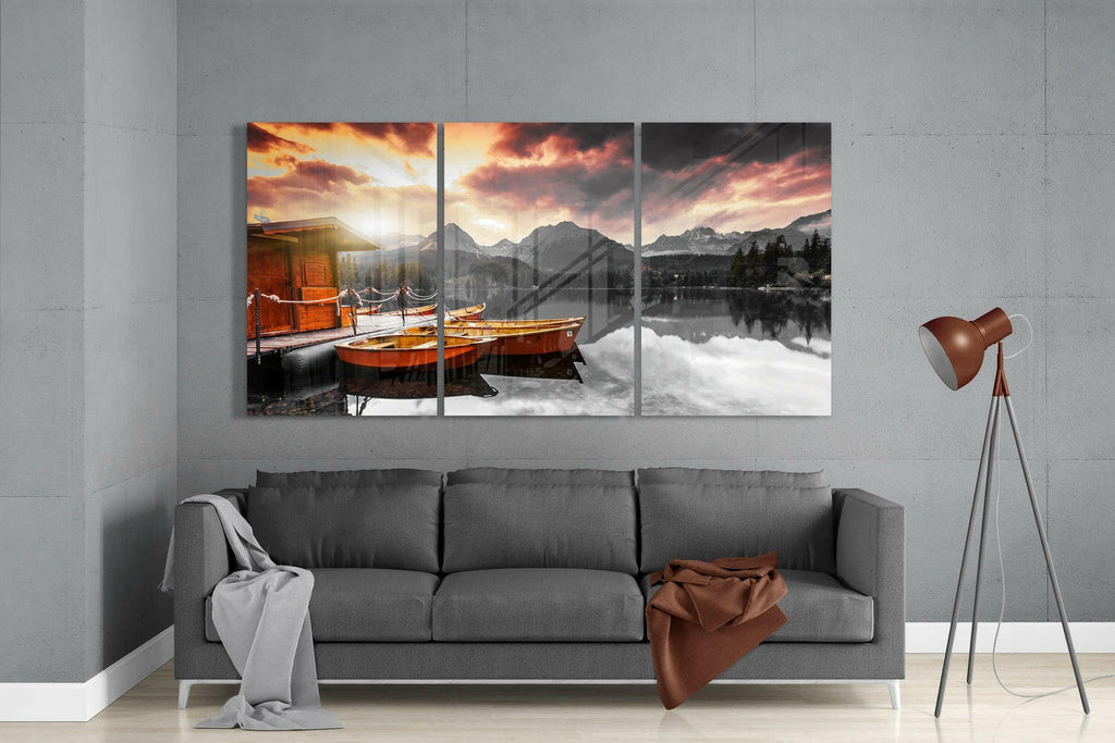 Sunset Mountain Lake Boats Glass Wall Art