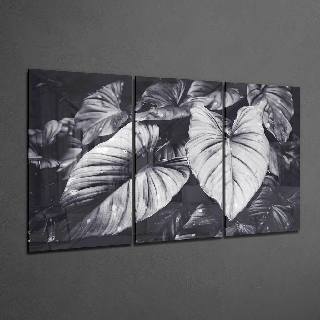 Black White Tropical Leaves Glass Wall Art