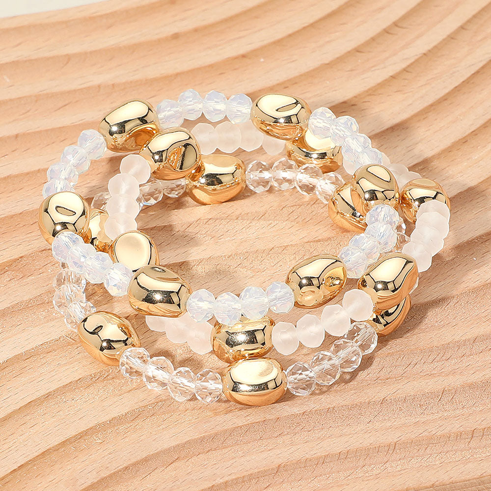3PCS - Worn Metal Pebble Beaded Stretch Multi Layered Bracelets