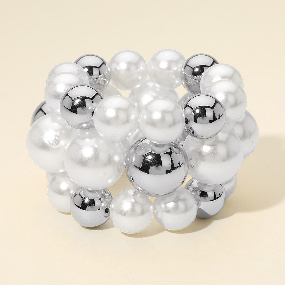3PCS - Bold Pearl Metal Ball Beaded Stretch Multi Layered Bracelets