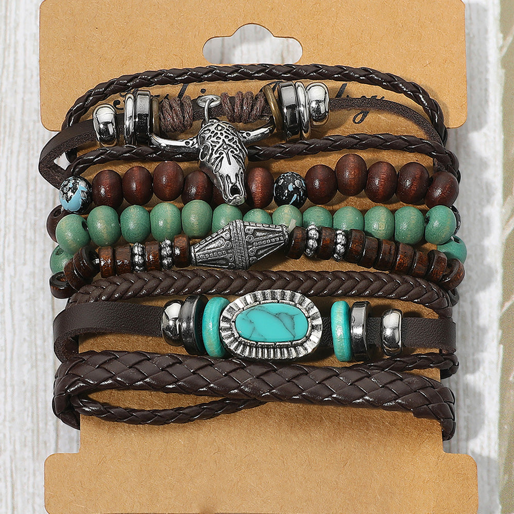 6PCS - Unisex Western Theme Steerhead Turquoise Charm Accent Adjustable Wood Beaded Stretch Multi Layered Bracelets