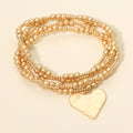 4PCS - Brushed Hammered Metal Heart Plate Charm Accent Metal Ball Beaded Stretch Multi Layered Bracelets