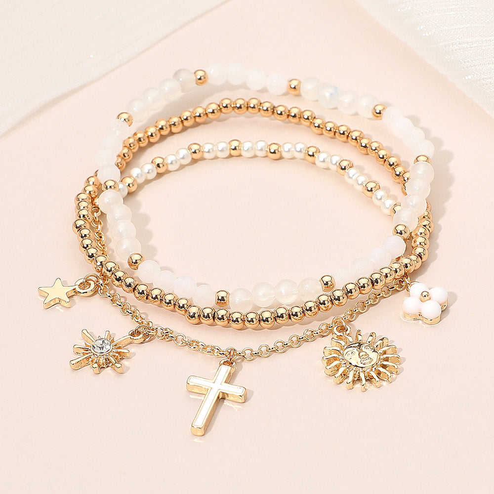 3PCS - Cross Flower Star Sunburst Charm Pearl Metal Ball Faceted Beaded Stretch Multi Layered Bracelets