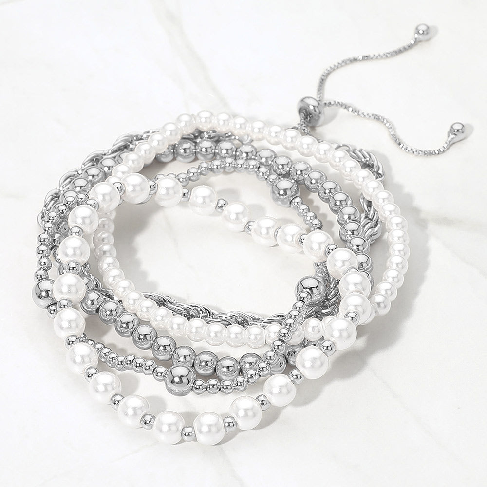 5PCS - Pearl Metal Beaded Twisted Chain Adjustable Stretch Multi Layered Bracelets
