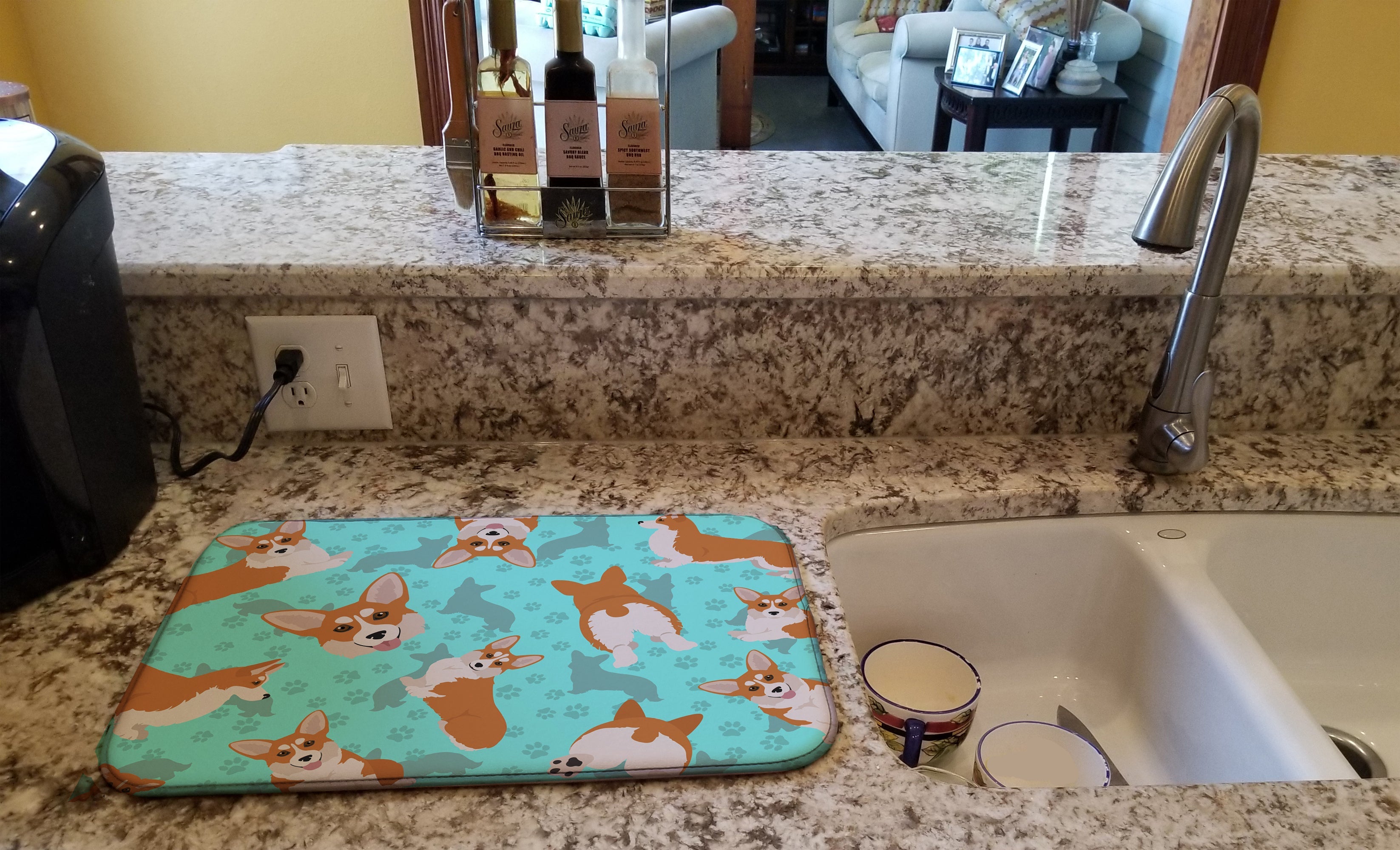 Red and White Pembroke Corgi Dish Drying Mat Absorbent Dish Drying Mat Pad for Kitchen Counter Dish Drainer Mat for Countertop, 14 x 21", Multicolor