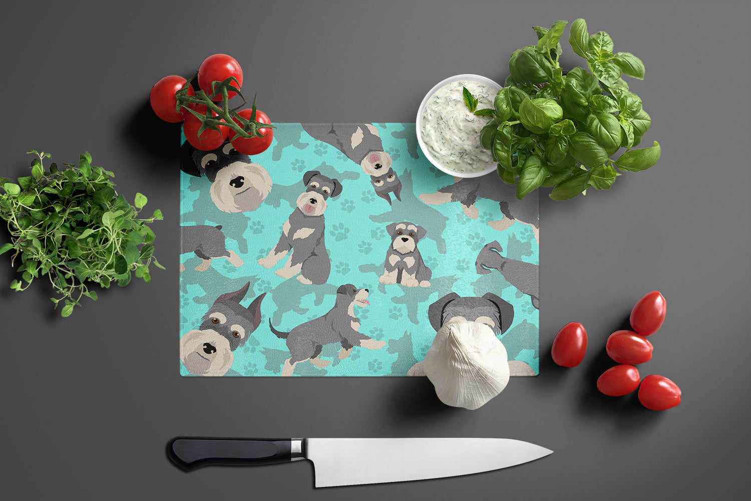 Schnauzer Cutting Board Tempered Glass Kitchen Cutting Surface, Heat Resistant Chopping, Non-Slip Feet, Food Prep & Serving