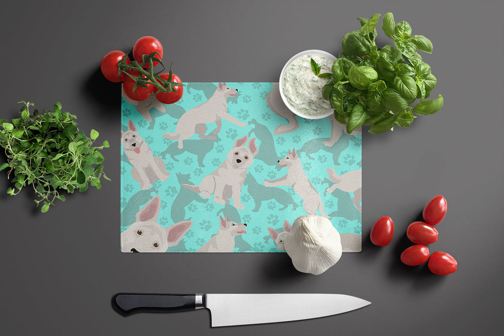White German Shepherd Cutting Board Tempered Glass Kitchen Cutting Surface, Heat Resistant Chopping, Non-Slip Feet, Food Prep & Serving