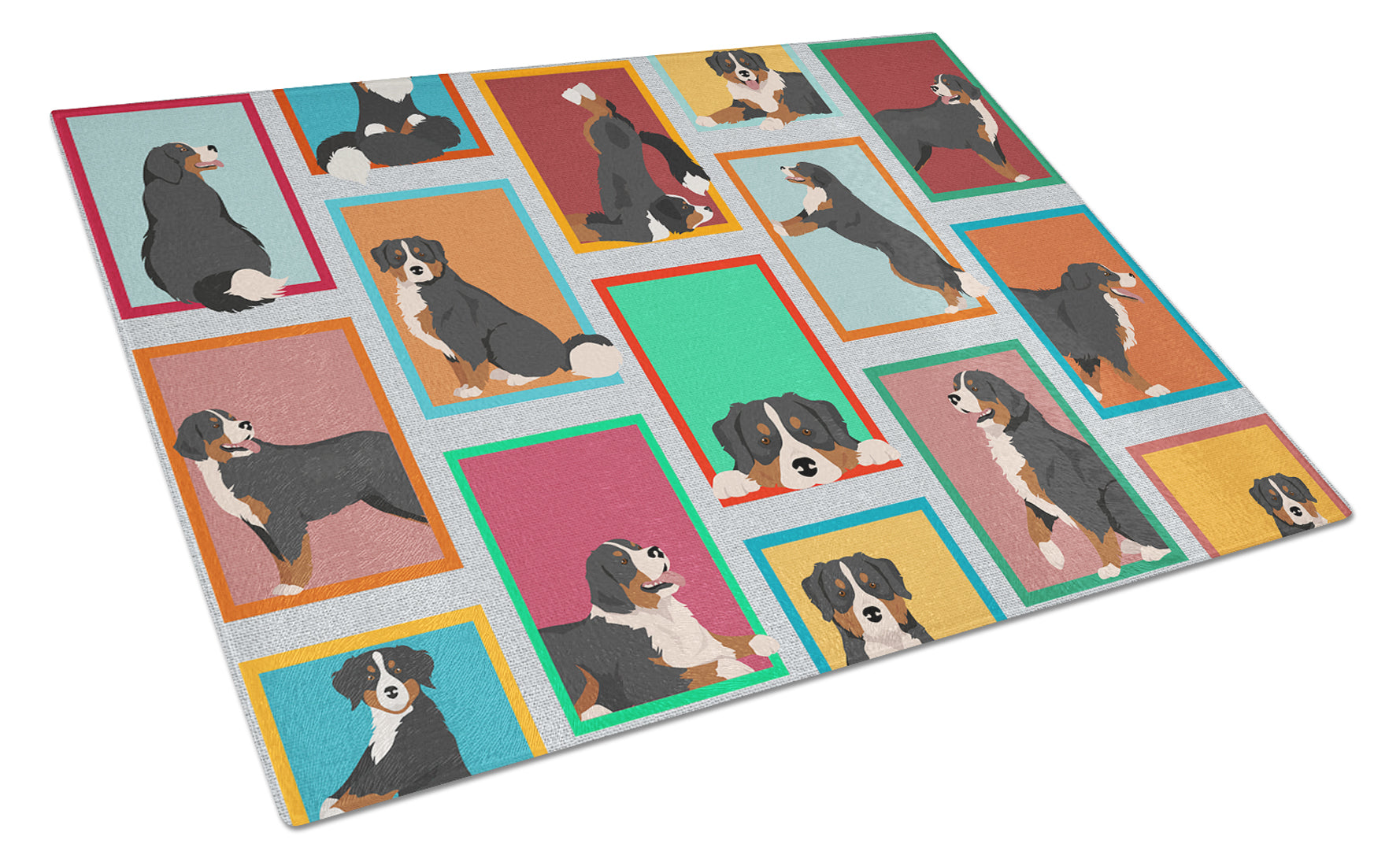 Lots of Bernese Mountain Dog Cutting Board Tempered Glass Kitchen Cutting Surface, Heat Resistant Chopping, Non-Slip Feet, Food Prep & Serving
