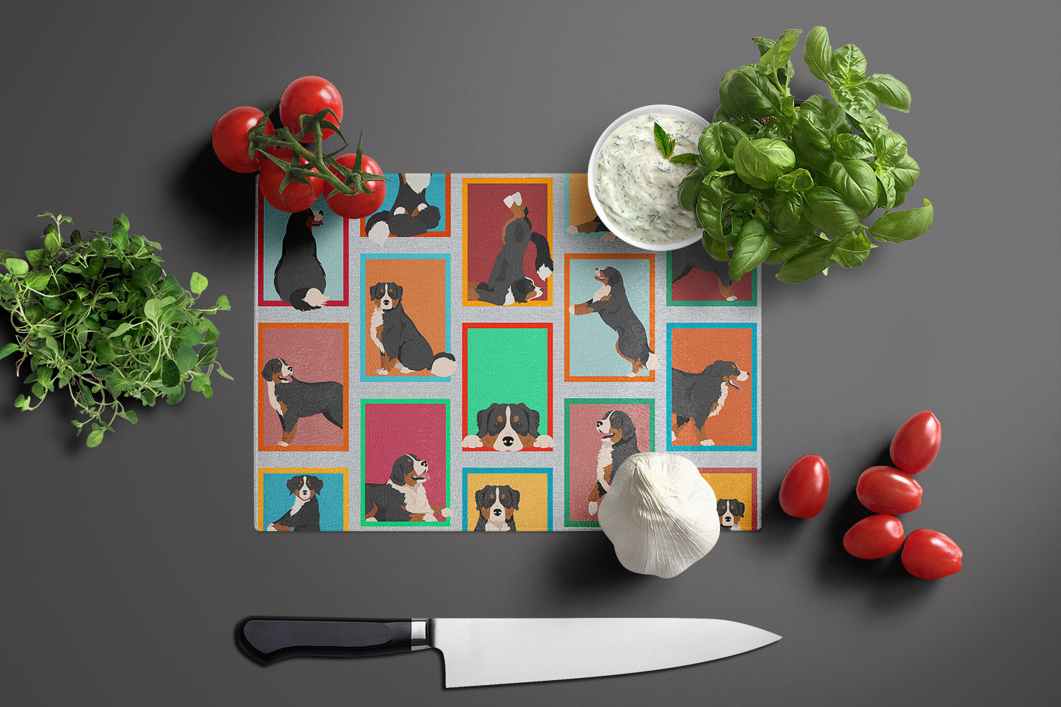 Lots of Bernese Mountain Dog Cutting Board Tempered Glass Kitchen Cutting Surface, Heat Resistant Chopping, Non-Slip Feet, Food Prep & Serving
