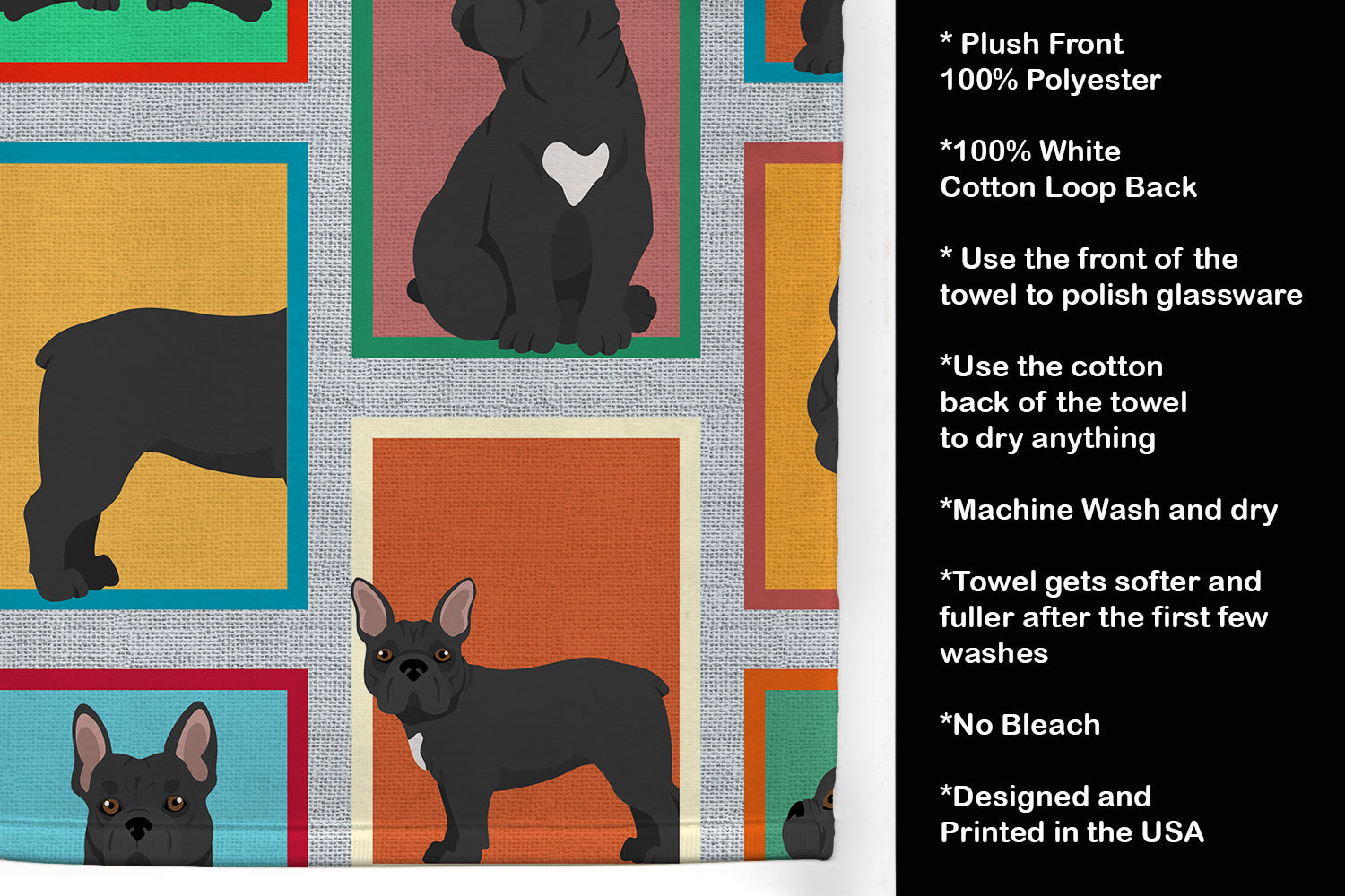 Lots of Black French Bulldog Kitchen Towel Velour Plush Front and Cotton Loop Back Machine Washable