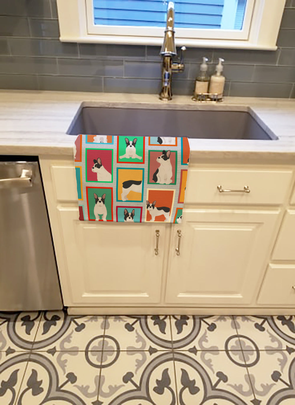 Lots of Black and White French Bulldog Kitchen Towel Velour Plush Front and Cotton Loop Back Machine Washable