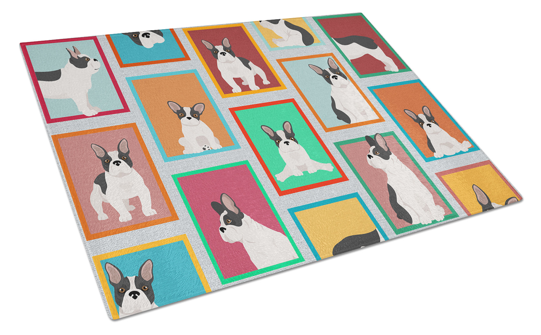 Lots of Black and White French Bulldog Cutting Board Tempered Glass Kitchen Cutting Surface, Heat Resistant Chopping, Non-Slip Feet, Food Prep & Serving