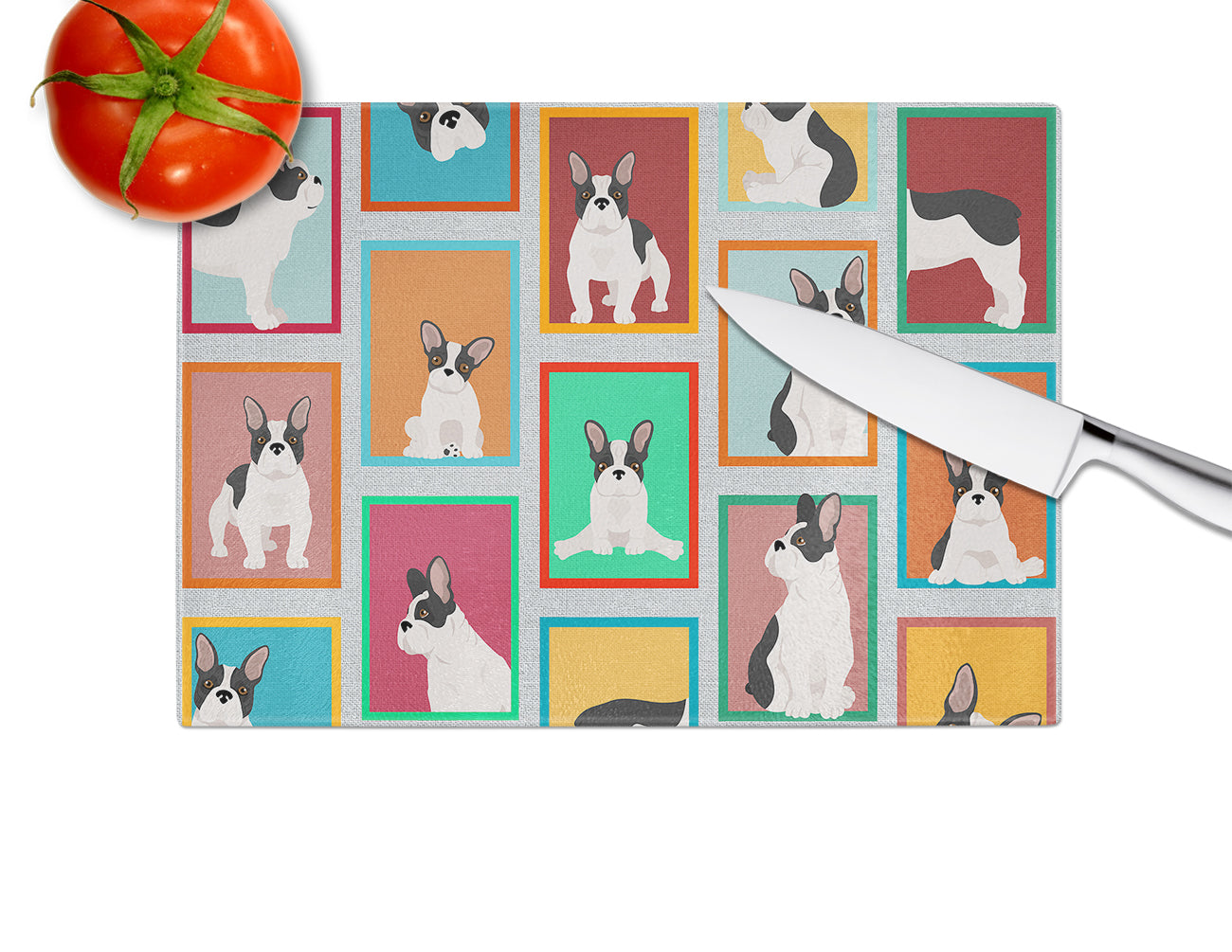 Lots of Black and White French Bulldog Cutting Board Tempered Glass Kitchen Cutting Surface, Heat Resistant Chopping, Non-Slip Feet, Food Prep & Serving