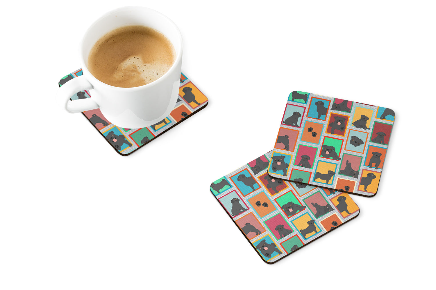 Lots of Black Pug Foam Coasters Set of 4 Cup Coasters for Indoor Outdoor, Tabletop Protection, Anti Slip, Mouse pad Material