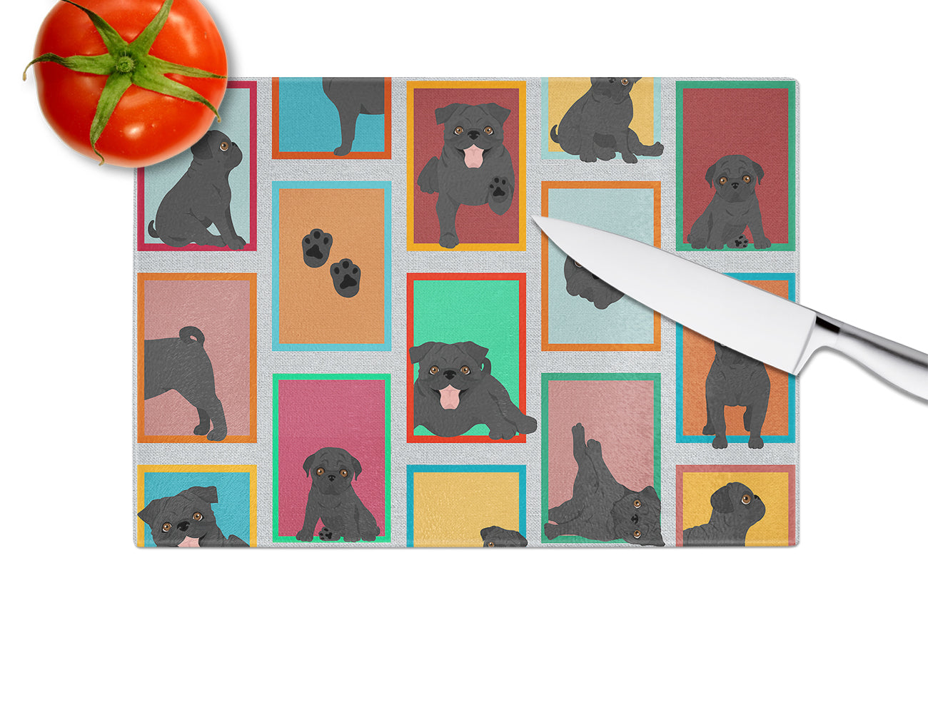 Lots of Black Pug Cutting Board Tempered Glass Kitchen Cutting Surface, Heat Resistant Chopping, Non-Slip Feet, Food Prep & Serving