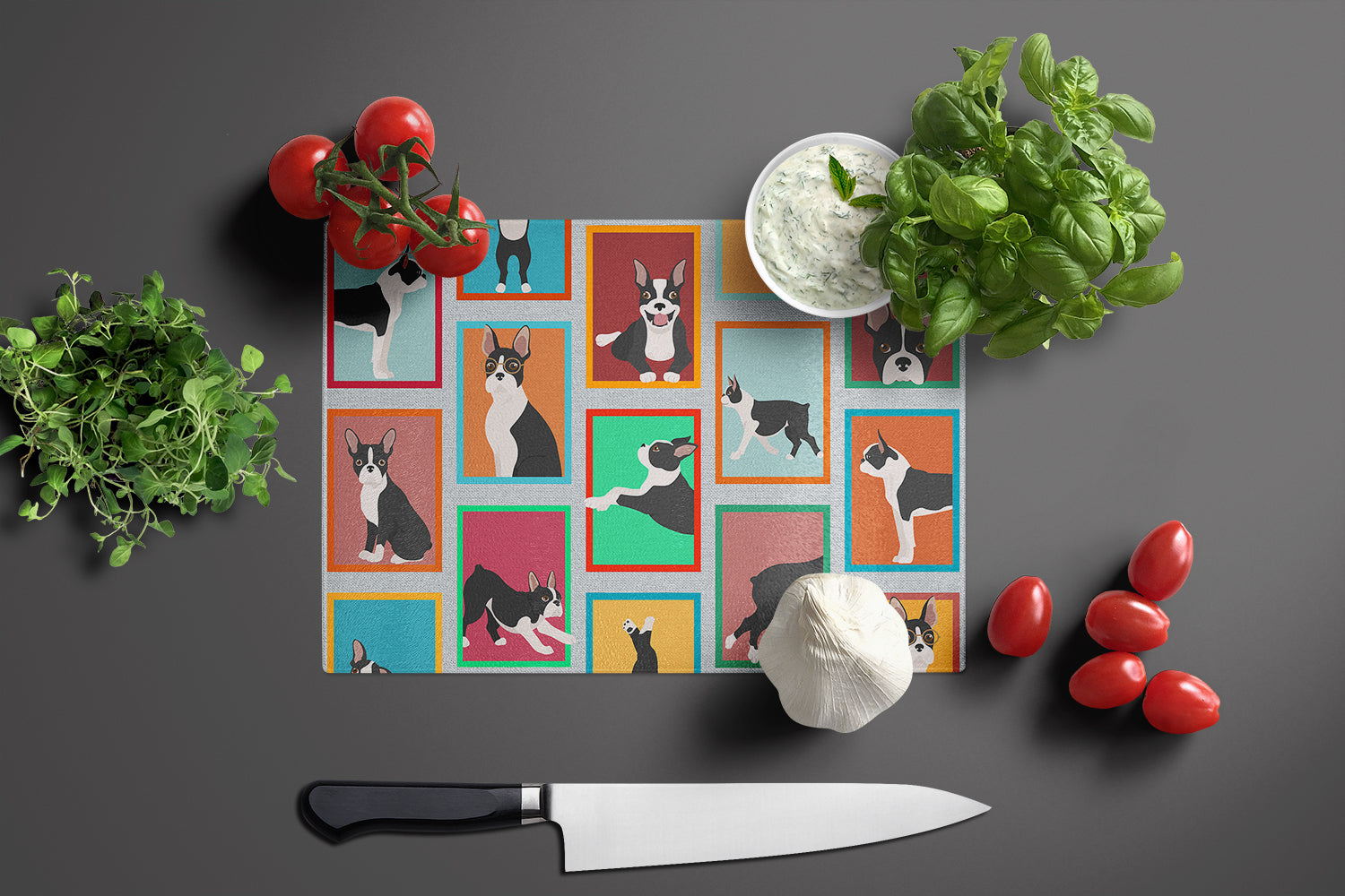 Lots of Boston Terrier Cutting Board Tempered Glass Kitchen Cutting Surface, Heat Resistant Chopping, Non-Slip Feet, Food Prep & Serving